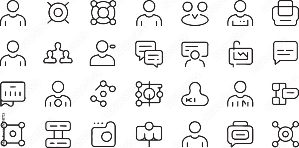 Fototapeta premium Collection of black outline icons representing people communication and network connections vector