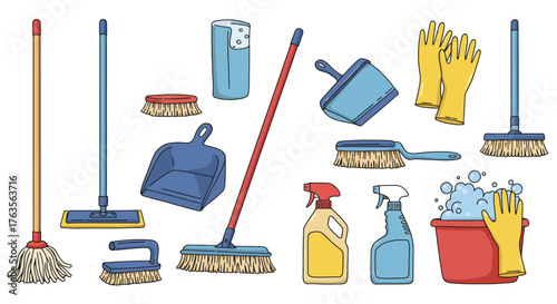 Colorful cleaning tools assortment with brushes, mops, gloves, and supplies