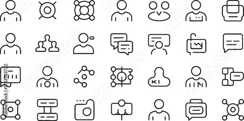 Collection of black outline icons representing people communication and network connections vector