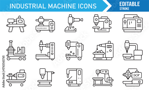 CNC machinery and lathe vector icons, minimal line art collection for industrial design.