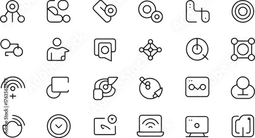Collection of black outline icons representing technology and connectivity concepts network communication