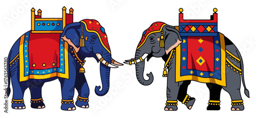 Decorated Indian elephants for a traditional festival or royal ceremony. Colorful majestic animal vector illustration for wedding and cultural design.
