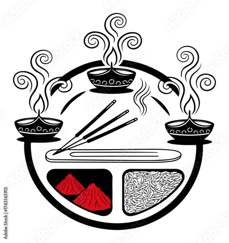 Puja Thali with Incense Sticks and Diyas – Traditional Hindu Worship Plate Vector