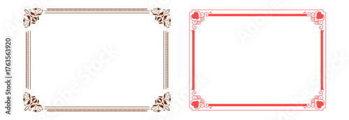 Two decorative frames, one in brown with intricate corner designs and the other in red with a simpler, more modern aesthetic, both offering a clean, elegant border