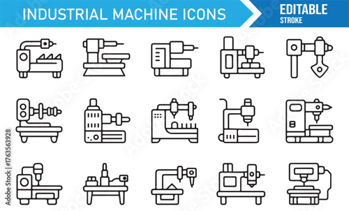 Industrial tool and equipment icon set, editable stroke line vector design for factories.