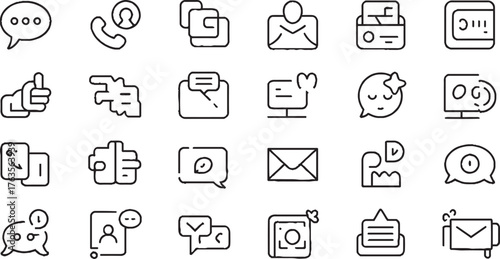 Collection of communication and social media icons in black outline style chat message