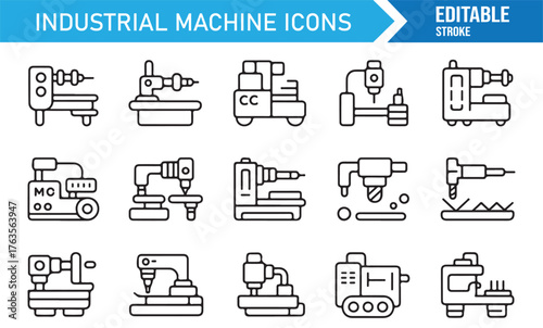 Mechanical engineering vector icons, industrial production and workshop machine set.