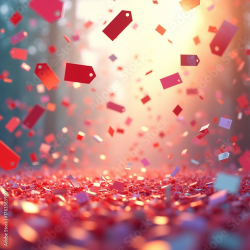 A bright explosion of confetti and floating price tags (blank), a bright background and motion blur.