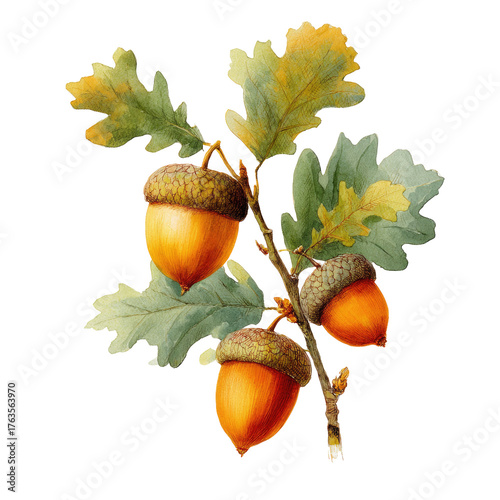 Watercolor illustration of an oak branch with acorns and leaves against a black background