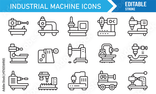Engineering machine vector icons, modern outline style industrial tool collection.