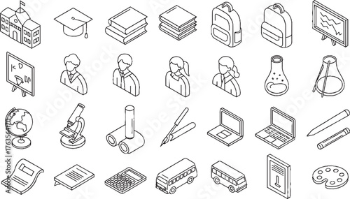 Isometric line art collection of school and education related objects and symbols school building graduation cap