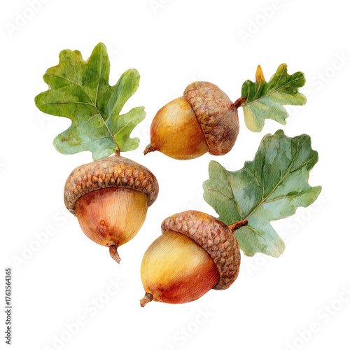 Watercolor painting of three acorns with green leaves, artfully arranged on a black background