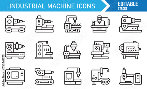 Manufacturing process icons, editable vector stroke industrial machinery illustration pack.