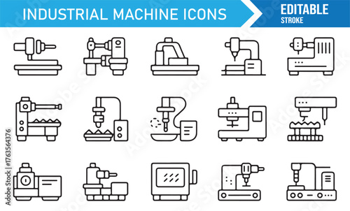 Factory equipment icons set, industrial line art collection of mechanical engineering tools.