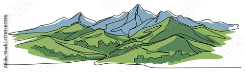 Mountain landscape continuous line drawing. Minimalist one line art of hills and peaks for travel and nature design