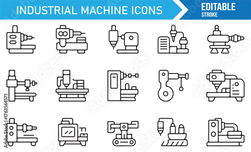 Editable vector stroke industrial machines, CNC tools, lathe, and drill equipment icons.