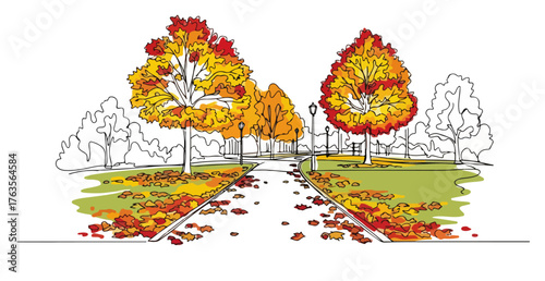 Autumn Park Alley with Colorful Trees and Fallen Leaves – Minimal Line Art Landscape Vector