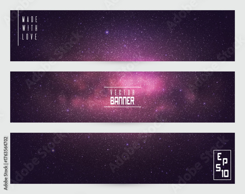 Night starry sky and Milky Way. Cosmic purple horizontal banners set