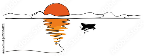 Sunset on the Sea One Line Drawing. Continuous line art of ocean landscape with boat and sun reflection.