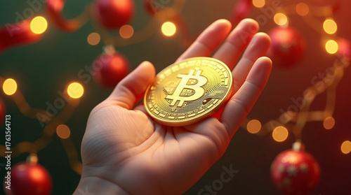A close-up of a hand holding a glowing gold coin against a festive backdrop of ribbons and decorations, symbolizing special offers.