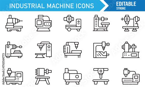 Industrial machinery vector icons set, editable line stroke factory tools and engineering equipment.