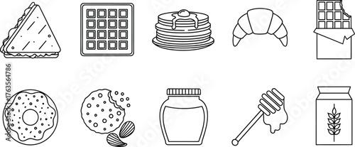 Breakfast food vector icons set outline style design elements