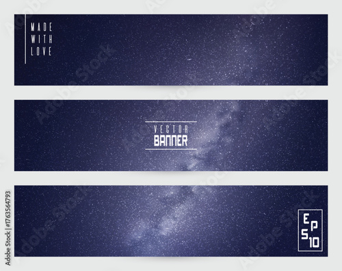 Dark blue gray horizontal banners set. Night starry sky and Milky Way