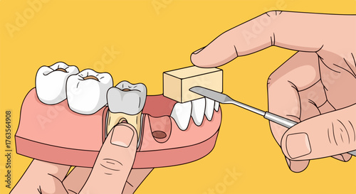Detailed dental implant procedure illustration, hand holding gum model and applying restoration.