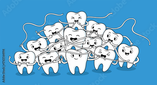 Animated teeth illustration actively using dental floss on a blue background, promoting oral hygiene. Group of happy teeth meticulously cleaning with dental floss,