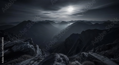 Dramatic monochrome mountain landscape under a bright full moon and cloudy sky, mysterious and awe-inspiring nocturnal view.