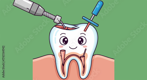 Cartoon tooth dental treatment illustration with smiling face, depicting internal structure, roots, and pulp. Dental treatment involves dentist tools like drill and probe for cavity filling,