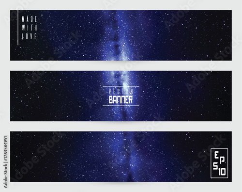 Cosmic blue horizontal banner set. Dark night starry sky and Milky Way