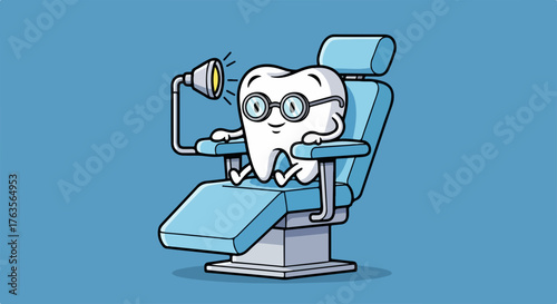 Cartoon tooth character wearing glasses, comfortably seated in dental chair with light. Cute tooth character illustration shows dental care or examination, symbolizing oral health.