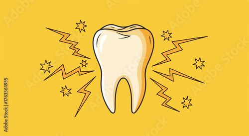 Illustration of tooth displaying clear signs of tooth pain. Dental health concept shows radiating lines on yellow background, emphasizing acute tooth pain.