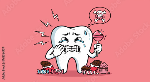 Cartoon sugar toothache, depicting crying tooth character in pain holding lollipop, surrounded by chocolates and cupcakes. Character expresses intense sugar toothache after eating confectionery,