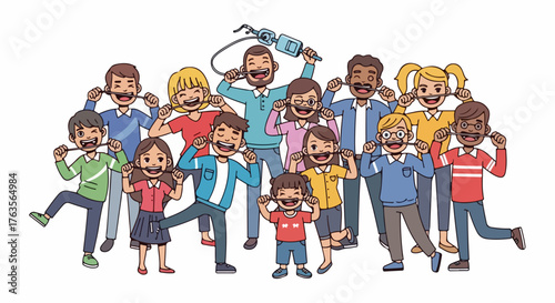 Group funny faces, diverse men, women, children show humorous expressions. Individuals pull cheeks, ears, smiling, creating playful atmosphere with funny faces. Concept children activities,