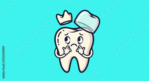 Cartoon tooth character with sad expression, cartoon tooth damaged with crown falling off, emphasizing dental health. Unhappy cartoon tooth with hands to face shows a common dental issue.