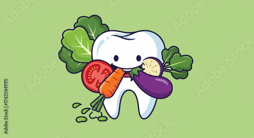 Healthy tooth with nutritious vegetables, promoting good oral hygiene through diet. Healthy tooth benefits from the vitamins in fresh greens, tomatoes, carrots, and eggplant.