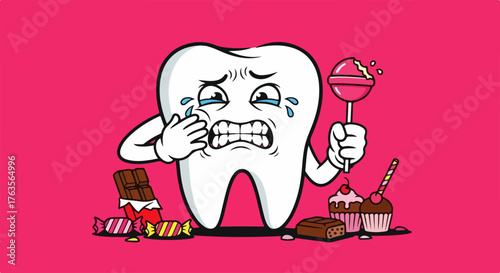 Crying tooth with tooth pain sweets and various candies, chocolate bars, lollipops, cupcakes on vibrant pink background. Cartoon tooth with tooth pain sweets surrounded by sugary treats,