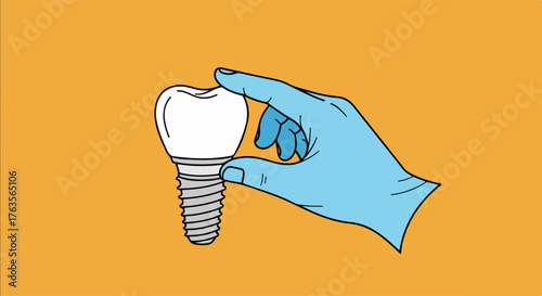 Tooth implant displayed with gloved hand on orange background. Tooth implant held carefully, demonstrating size and structure.