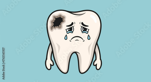 Cartoon tooth character crying and showing a large cavity. This image represents dental pain, tooth decay, and the importance of oral hygiene, suitable for medical or educational content.