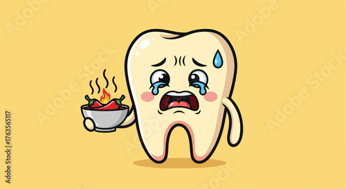 Cartoon toothache featuring hot spicy food against beige backdrop. Unhappy cartoon toothache illustration with character holding spicy peppers, expressing oral sensitivity.