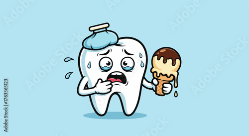Cartoon tooth with ice pack and ice cream expressing toothache. Unhappy cartoon tooth in pain, suffering from tooth ache after eating something cold, such as ice cream.