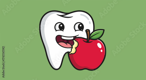A happy cartoon tooth takes a bite out of a fresh red apple, symbolizing healthy eating and strong dental care. This image promotes oral hygiene and a nutritious lifestyle.