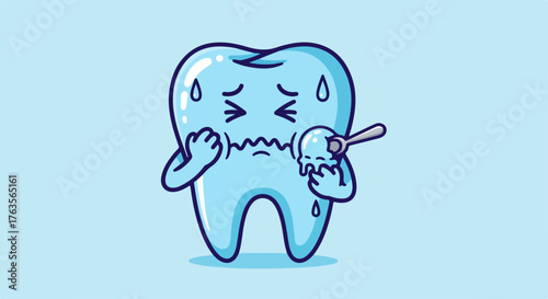 Cartoon tooth with toothache, ice cream amplifies sharp dental pain, making patient perspire. Toothache from sensitivity is exacerbated by sweet frozen dessert.