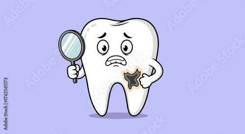 Unhappy cartoon tooth shows cavity and holds magnifying glass, indicating need for dental care. This unhappy tooth with cavity emphasizes oral hygiene and treatment.