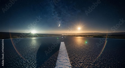 Long empty night road leading towards a bright horizon under a starry sky with moon and distant city lights.