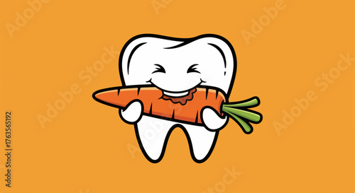 Cartoon tooth holds carrot on orange background, promoting proactive dental care. Smiling character emphasizes healthy eating for strong lifelong dental care. Ideal graphic for educational content,