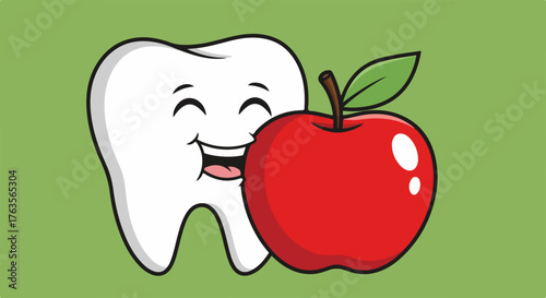 Healthy teeth character smiling, holding crisp red apple. Healthy teeth symbolize good oral hygiene, essential for wellness. Concept healthy teeth for dental clinic promotion, educational materials,