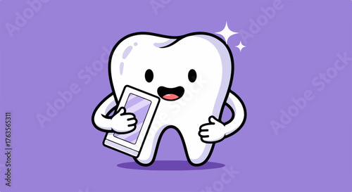 Cartoon tooth holding phone smiles happily, digital tooth communication. Cartoon tooth character uses a digital device, showing health. Creative cartoon tooth representing dental care marketing,
